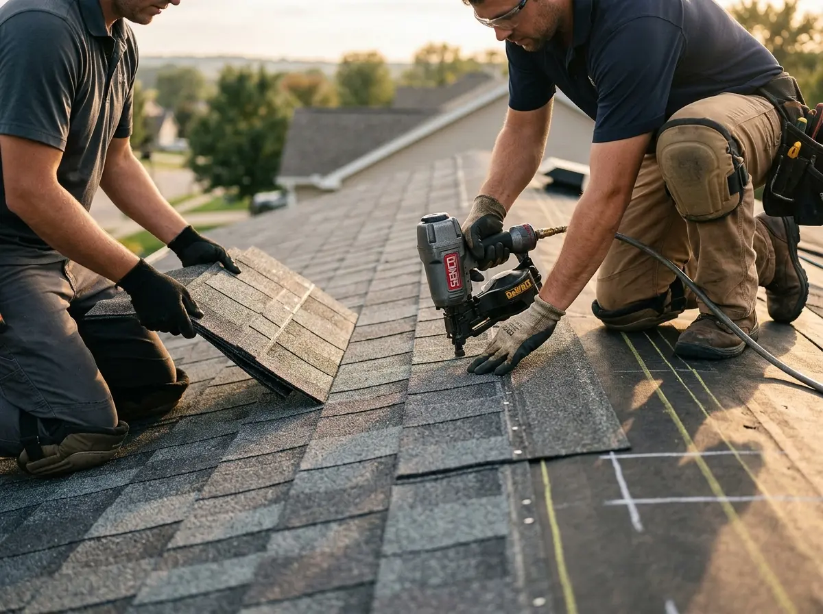 Professional roofer working on a residential roof in Shakopee